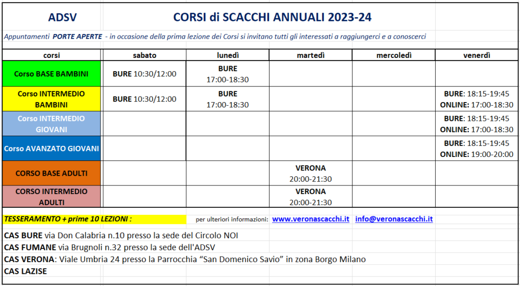ADSV: Calendario 2023-24 dei corsi di SCACCHI